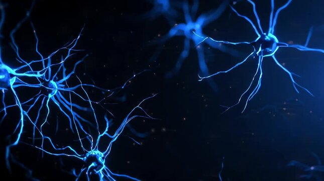 Neurons medical visualization of human brain cells blue glowing neural network firing synapses deep inside biological science laboratory abstract