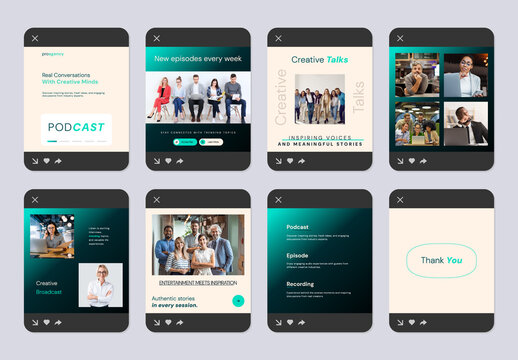 Creative Podcast Social Media Story Template Collection With Modern Broadcast And Conversation Layout