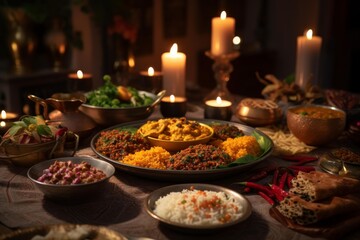 Obraz premium Traditional indian cuisine served for a festive meal, illuminated by soft candlelight