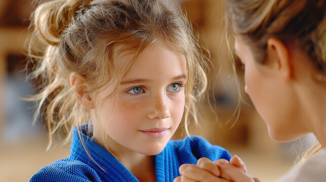 Girl in blue judo gi receiving hand grip instruction from coach in dojo for youth training poster and martial arts lesson background