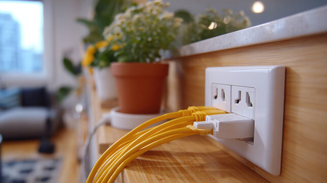 Overloaded corner power strip with tangled cords and yellow network cables for safety warning poster and electrical hazard background
