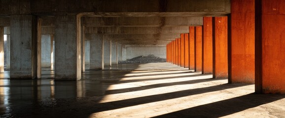 Naklejka premium Sunlit concrete pillars create geometric patterns in an empty space