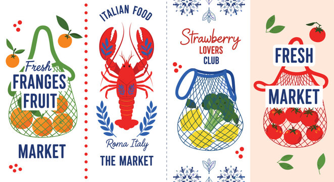 Food market banners fruits lobster lemons tomatoes colorful typography local artisanal design flat vector illustrationFood market bantomatoes colorful typography l