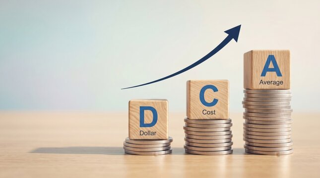 Financial Growth Concept: Wooden blocks with letters D, C, and A spelling Dollar Cost Average sit on stacked coins, representing a rising financial trend with an upward arrow graphic.