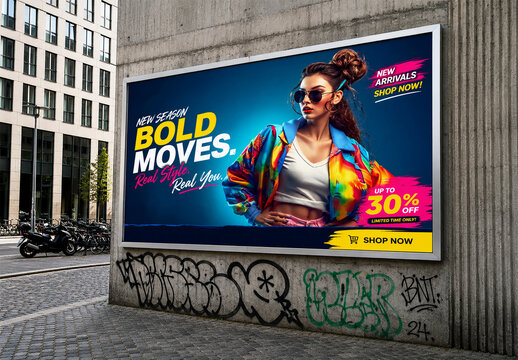 Large horizontal billboard mockup on concrete city street wall