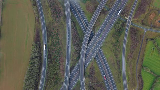 Aerial view of a major multi-level motorway intersection near Rugby, UK.