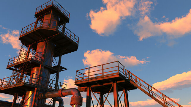 wellhead. A steel oil wellhead structure at sunset, metallic surfaces reflecting light. inspiring travel planning, safety posters, designed for industrial assembly lines and welding operations.