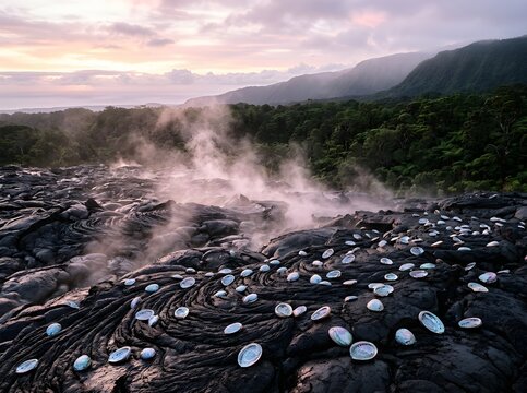 Steaming volcanic flow adorned with shell offerings, a mystical and powerful natural landscape