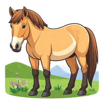 A cartoon horse standing in grass.