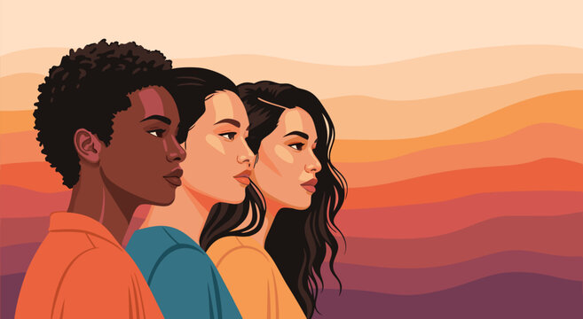 Diverse Trio vector illustration celebrating unity and multiculturalism against a warm gradient backdrop