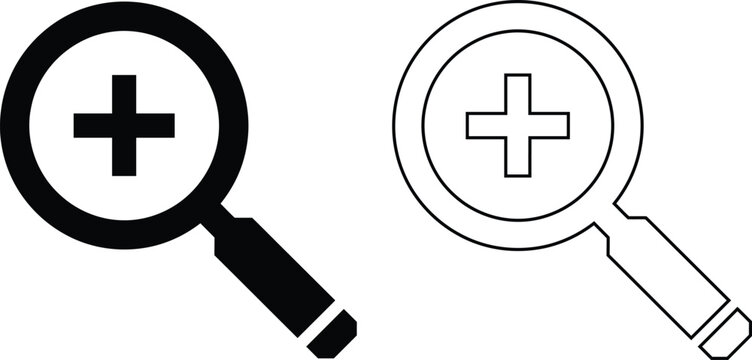 Zoom in magnifying glass vector icon set featuring a plus sign inside, perfect for web search interface development, ui app design, and enlarge magnifier tool graphic elements.