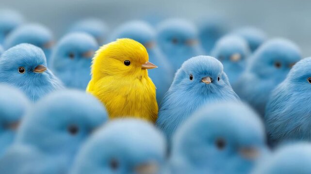 Yellow bird, blue birds, crowded group, uniqueness, individuality, leadership, confidence, standing out, different, chosen one, standout, animal group, visual contrast, business metaphor