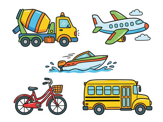 Vehicles like a truck, airplane, speedboat, bicycle, and school bus are shown. © firman