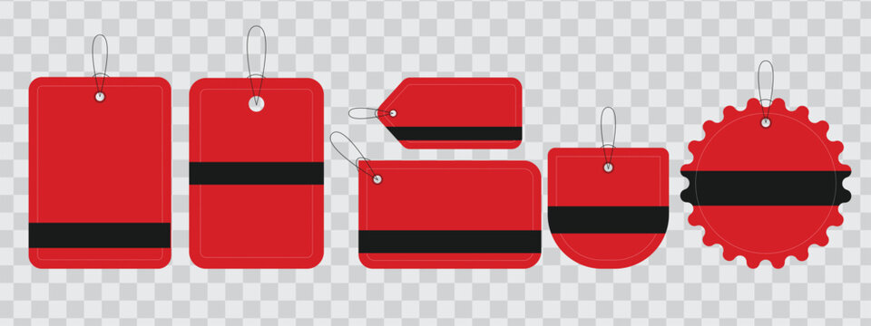 Set of red price tags with black stripes and strings