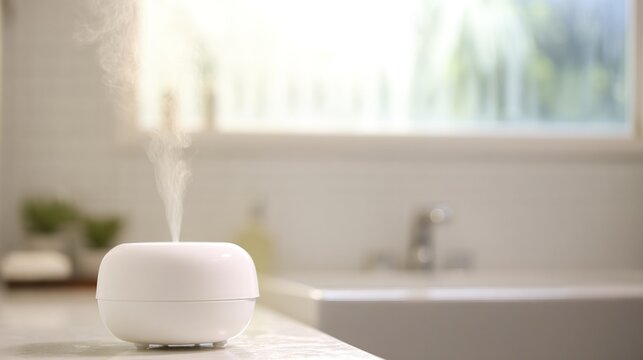 lemongrass. A pure white ceramic diffuser on a bathroom vanity, emitting a subtle mist, clean minimalist background. lifestyle magazines.