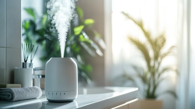 lemongrass. A pure white ceramic diffuser on a bathroom vanity, emitting a subtle mist, clean minimalist background. lifestyle magazines.