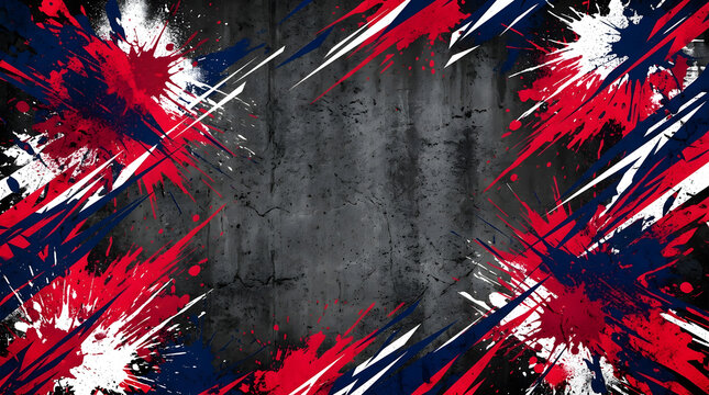 An energetic high contrast artistic sports backdrop texture featuring explosive abstract splatters of deep red crisp white and vibrant navy blue paint textures over a dark grunge concrete surface patt