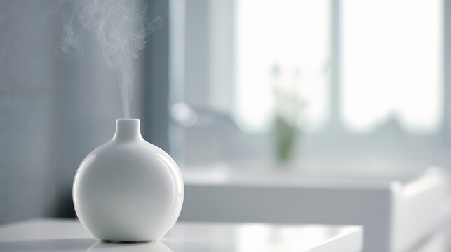 lemongrass. A pure white ceramic diffuser on a bathroom vanity, emitting a subtle mist, clean minimalist background. lifestyle magazines.