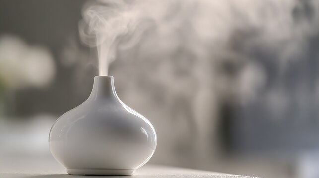 lemongrass. A pure white ceramic diffuser on a bathroom vanity, emitting a subtle mist, clean minimalist background. lifestyle magazines.