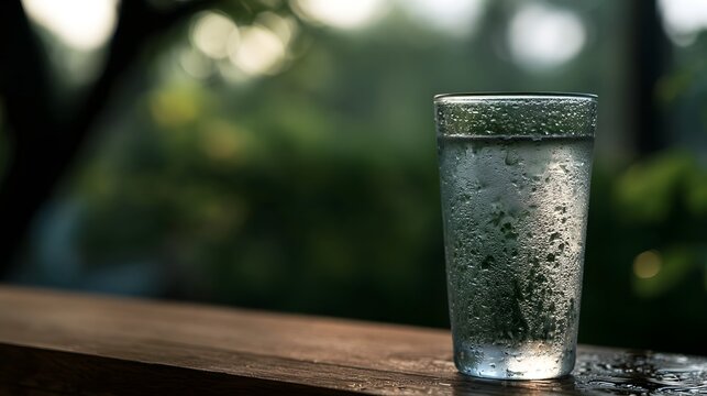 A chilled glass covered in condensation with soft morning light against a blurred natural green background conveying a sense of freshness and