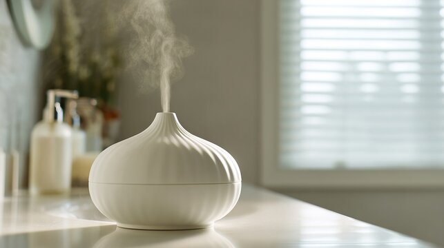 lemongrass. A pure white ceramic diffuser on a bathroom vanity, emitting a subtle mist, clean minimalist background. lifestyle magazines.