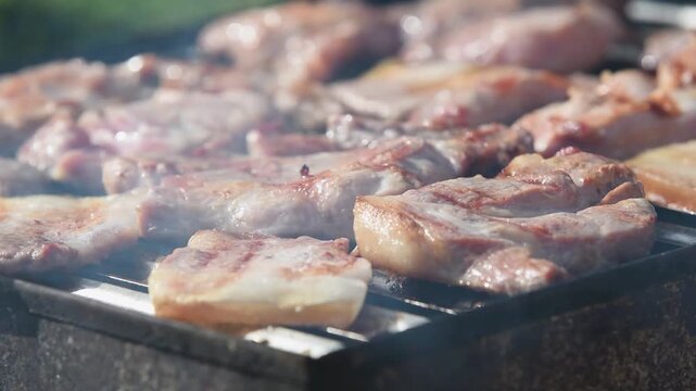 Meat preparing on grill time lapse, man turn pieces with tongs, fat sizzling and smoke rises