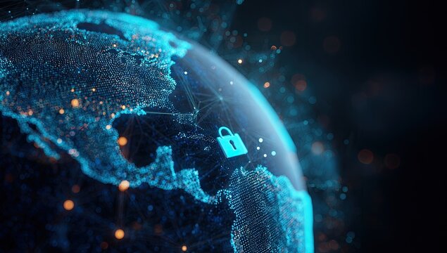 Digital globe with glowing network lines and a luminous lock symbol