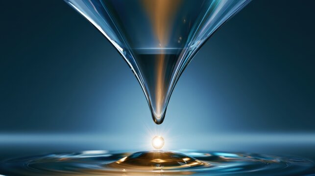 Translucent glass funnel concentrating light into a glowing liquid drop.