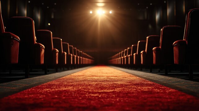 inclusively. Empty movie theater with red carpet aisle lit by golden light. lifestyle magazines, social media lookbooks, designed for influencer and brand collaborations, inspires lifestyle.