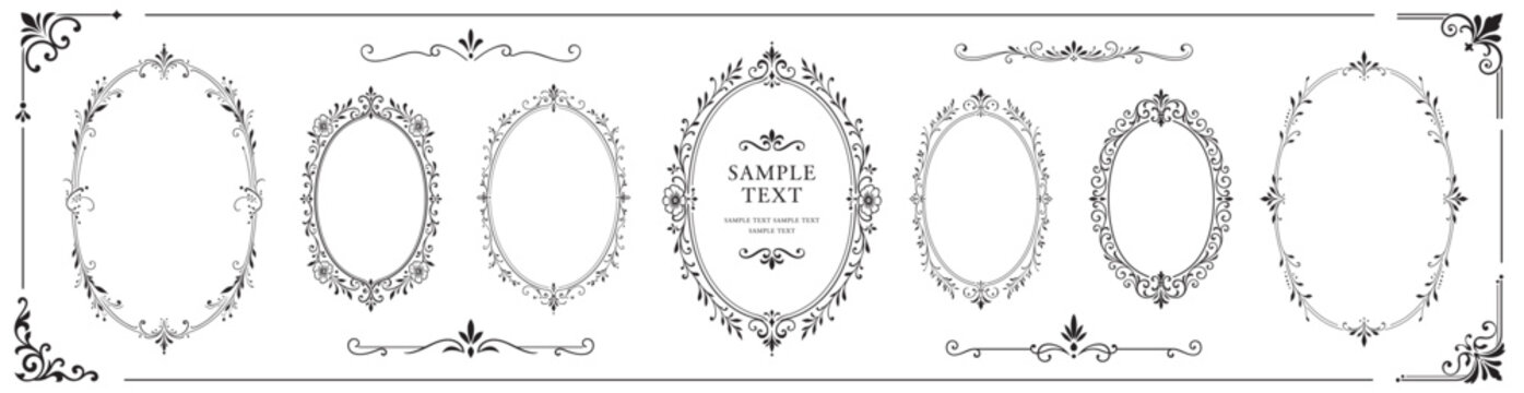 Elegant collection of vintage oval frames and decorative borders with floral ornaments. Classic luxury templates for invitations, greeting cards, certificates, and premium branding design.