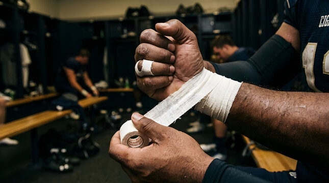 Close up macro shot of a professional sports player's hands meticulously wrapping white athletic zinc oxide strapping tape over their wrists and fingers inside a moody dark training locker room facili