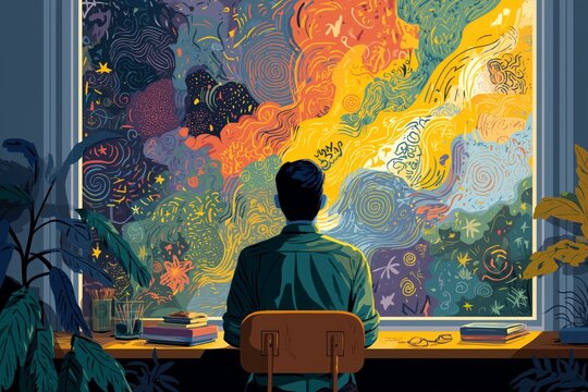 Adult with ADHD staring out a window mid-task, thoughts visually represented as scattered colorful doodles around his head, creative mind concept
