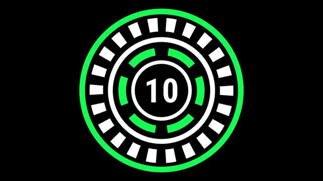 15-second gear-style countdown in green and white on black background with blinking outer ring, rotating inner dash ring, and changing center number.