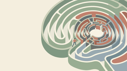 Abstract illustration of a person walking through a labyrinth representing cognitive processes and mental health challenges © Ася Андроник