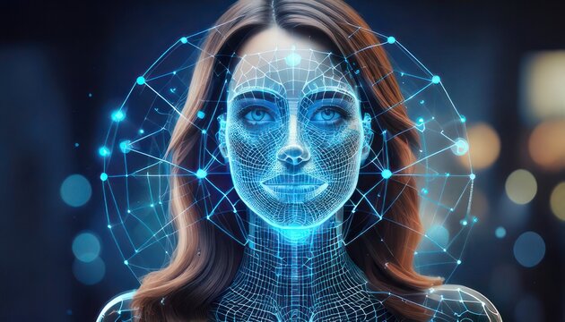 Futuristic AI Woman with Digital Interface and Glowing Elements.