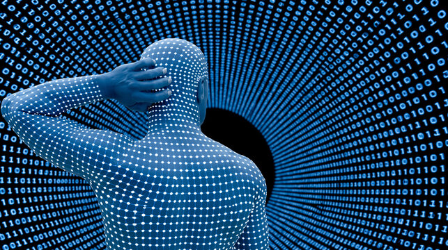 Abstract human figure interacting with binary code in blue background  