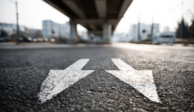 Two white arrows on asphalt road point in opposite directions under overpass