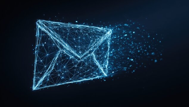 Abstract glowing digital envelope dissolving into particles against dark background
