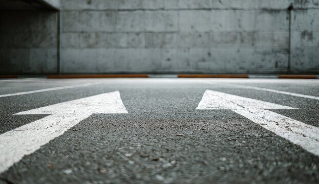 Two white directional arrows painted on asphalt in a parking area