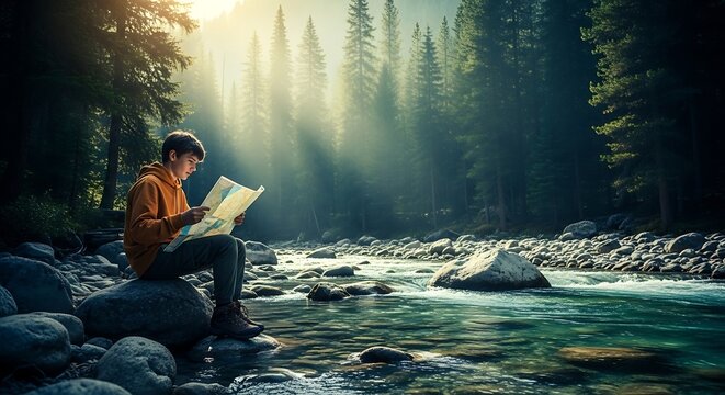 Young boy sitting on river rocks looking at a map in a misty pine forest during sunrise