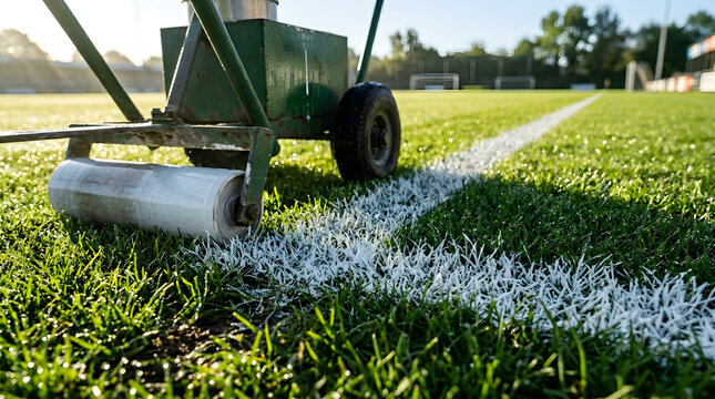 Macro shot from ground level of a traditional line marking machine wheel rolling across grass while painting a crisp bright white chalk line boundary on a deep green football field pitch turf.