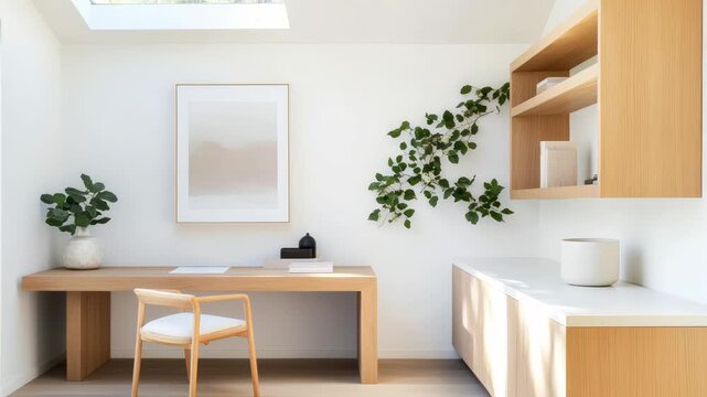 Light changes throughout day in modern minimalist home office with growing climbing plant