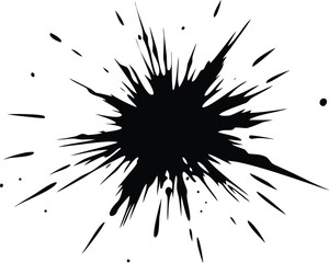 Fototapeta premium A dramatic black ink burst radiates outward with numerous scattered droplets across a bright white space