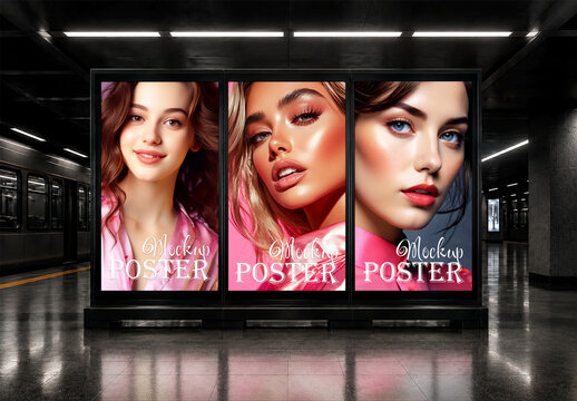Three vertical posters billboard mockup on subway platform