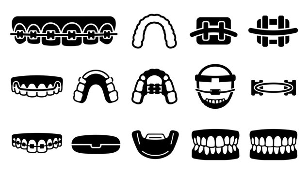 Orthodontic Treatment and Braces Silhouette Icons Set