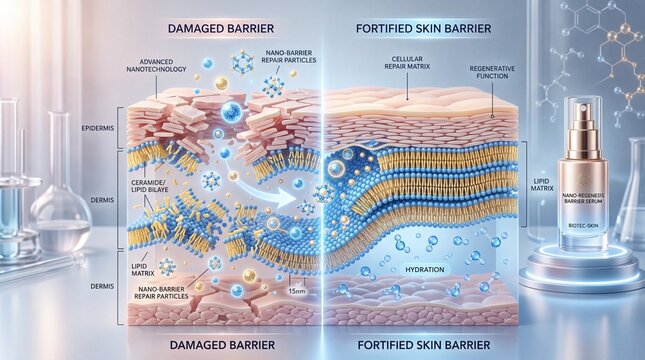 Damaged barrier nano barrier repair particles ceramide lipid matrix hydration cellular repair regenerative function advanced technology skincare laboratory healthy skin scientific serum