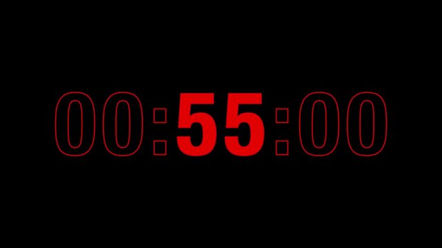 Sporty 60-second countdown timer in bold red type on black, with the seconds in solid fill and minutes and centiseconds in outline, evoking the high-energy aesthetic of premium sports branding.