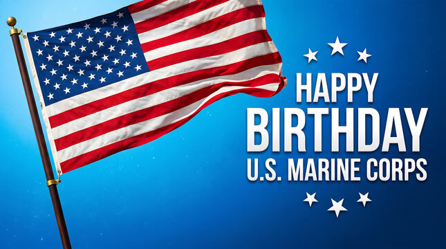American flag, Happy Birthday U.S. Marine Corps greeting, patriotic design, USA celebration