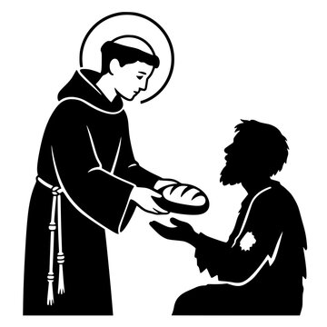 Silhouette of a monk giving bread to a beggar, isolated on a transparent background. Perfect for religious charity.