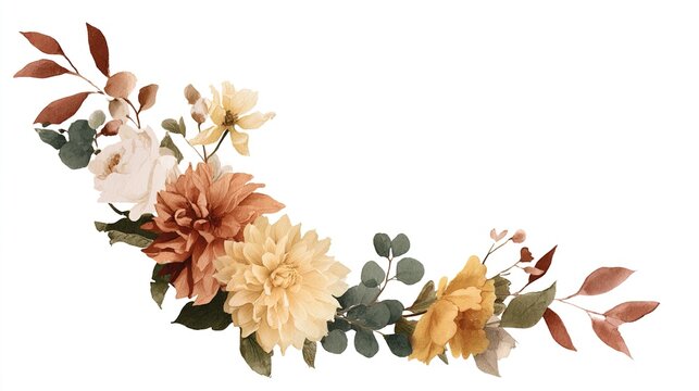 eucalyptus. Autumn watercolor floral corner arrangement with burnt orange flowers. representing seasonal cycles and harvest abundance.